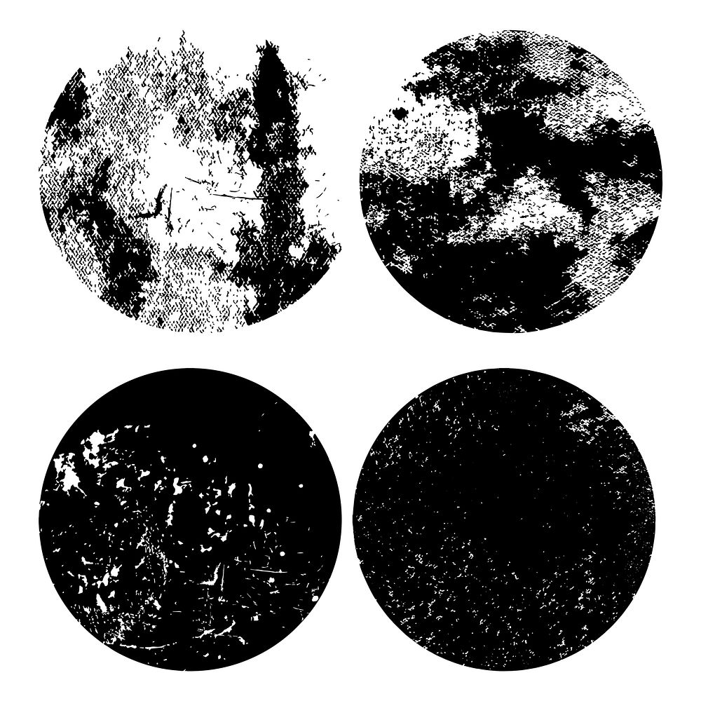 Grunge black and white distressed textured round badges set