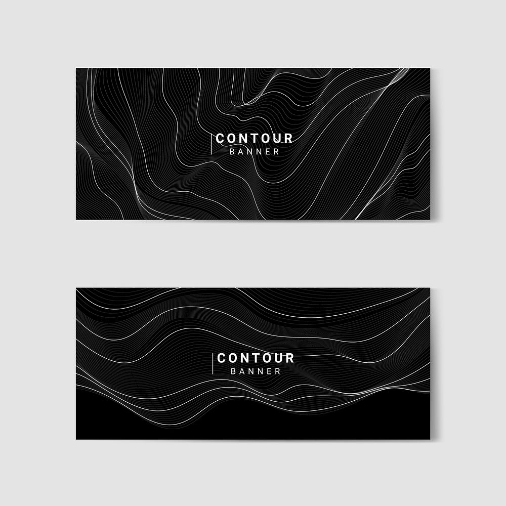 Black and white abstract map contour lines banners set