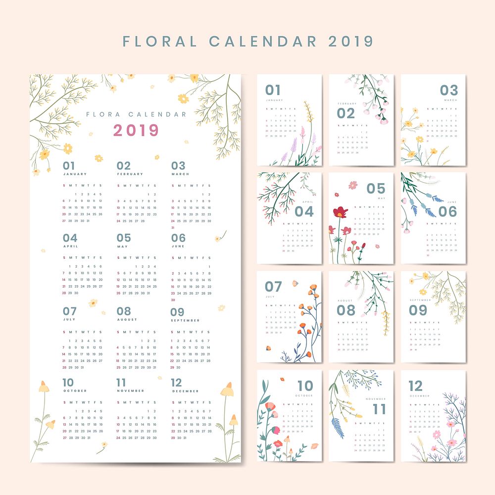 Floral calendar 2019 vector set