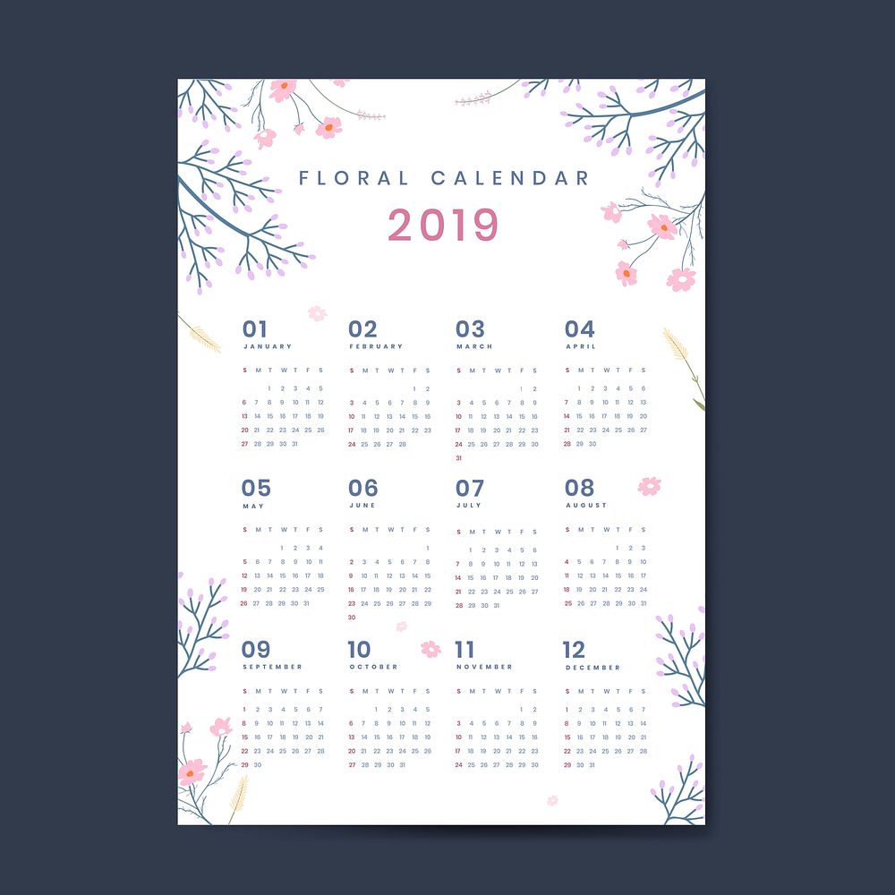 Floral calendar 2019 vector poster