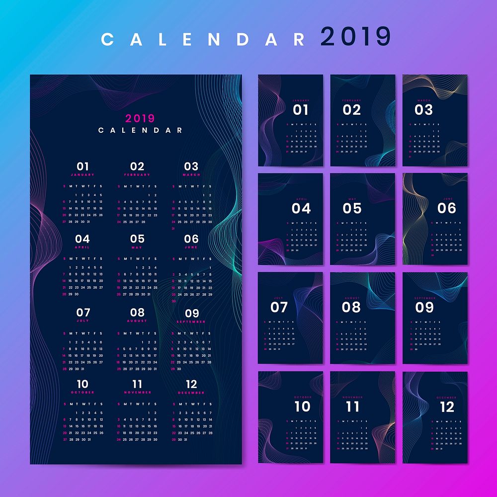 Blue contour patterned calendar 2019 vector