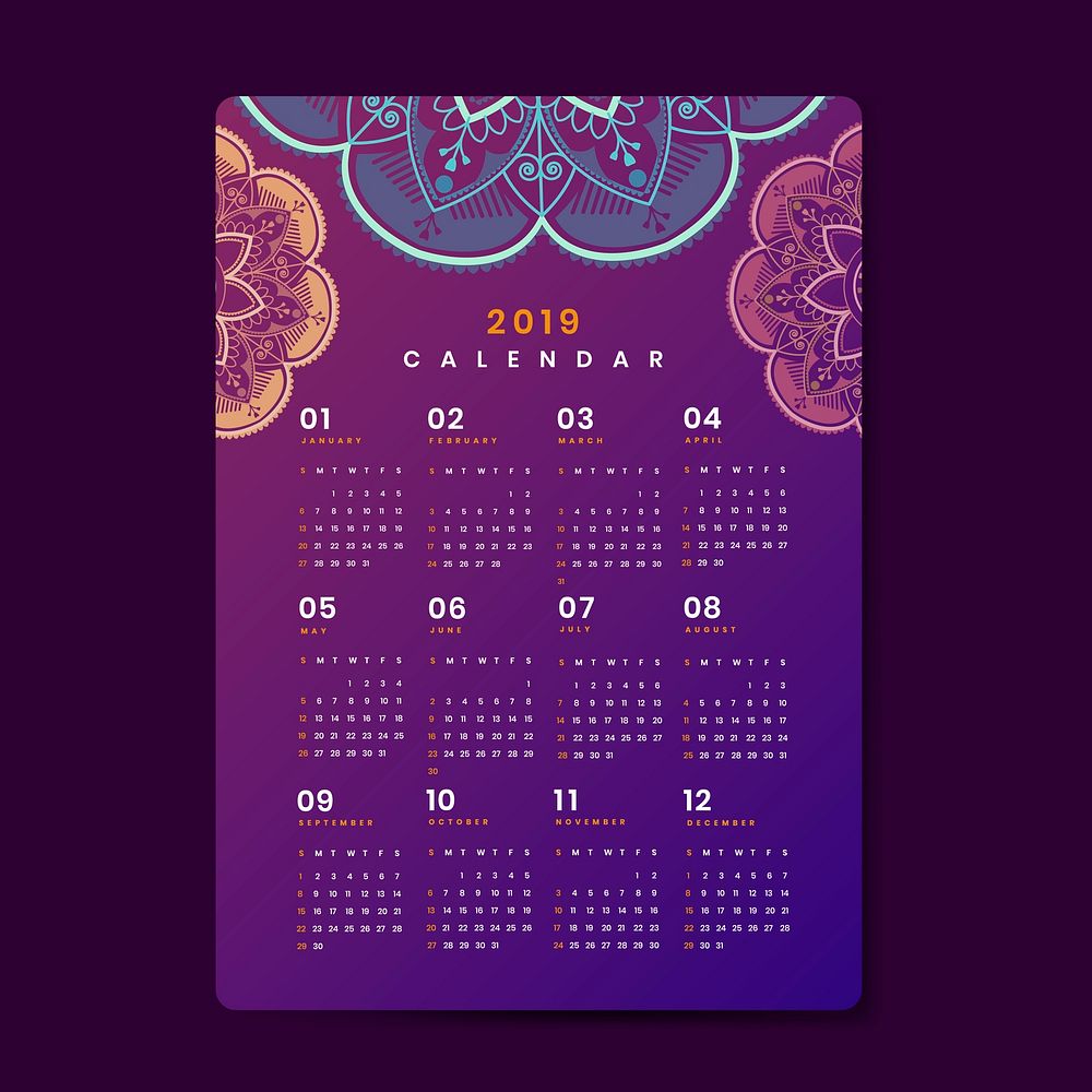 Mandala calendar 2019 vector poster