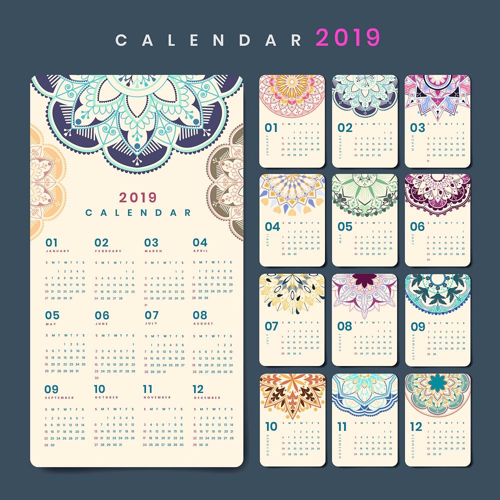 Mandala calendar 2019 vector posters set