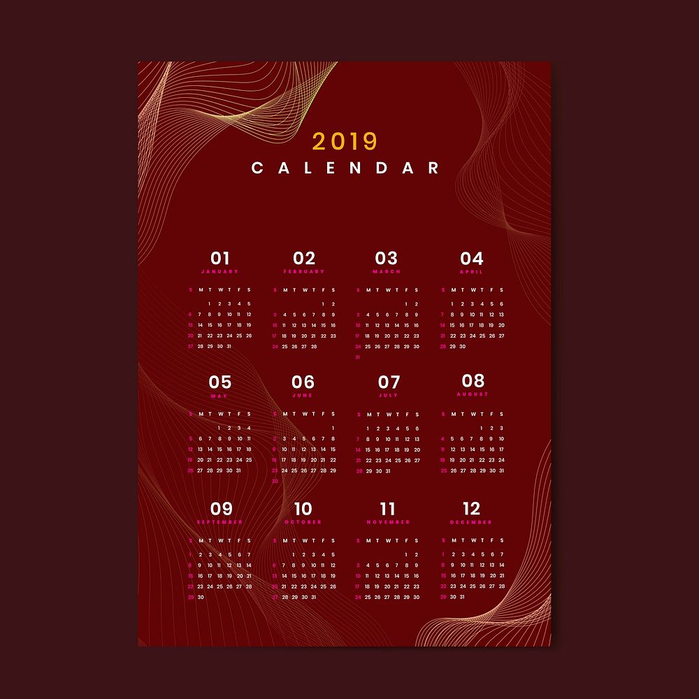 Currant red contour patterned calendar 2019 vector