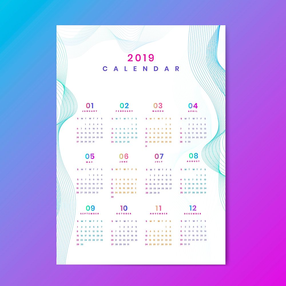 White contour patterned calendar 2019 vector
