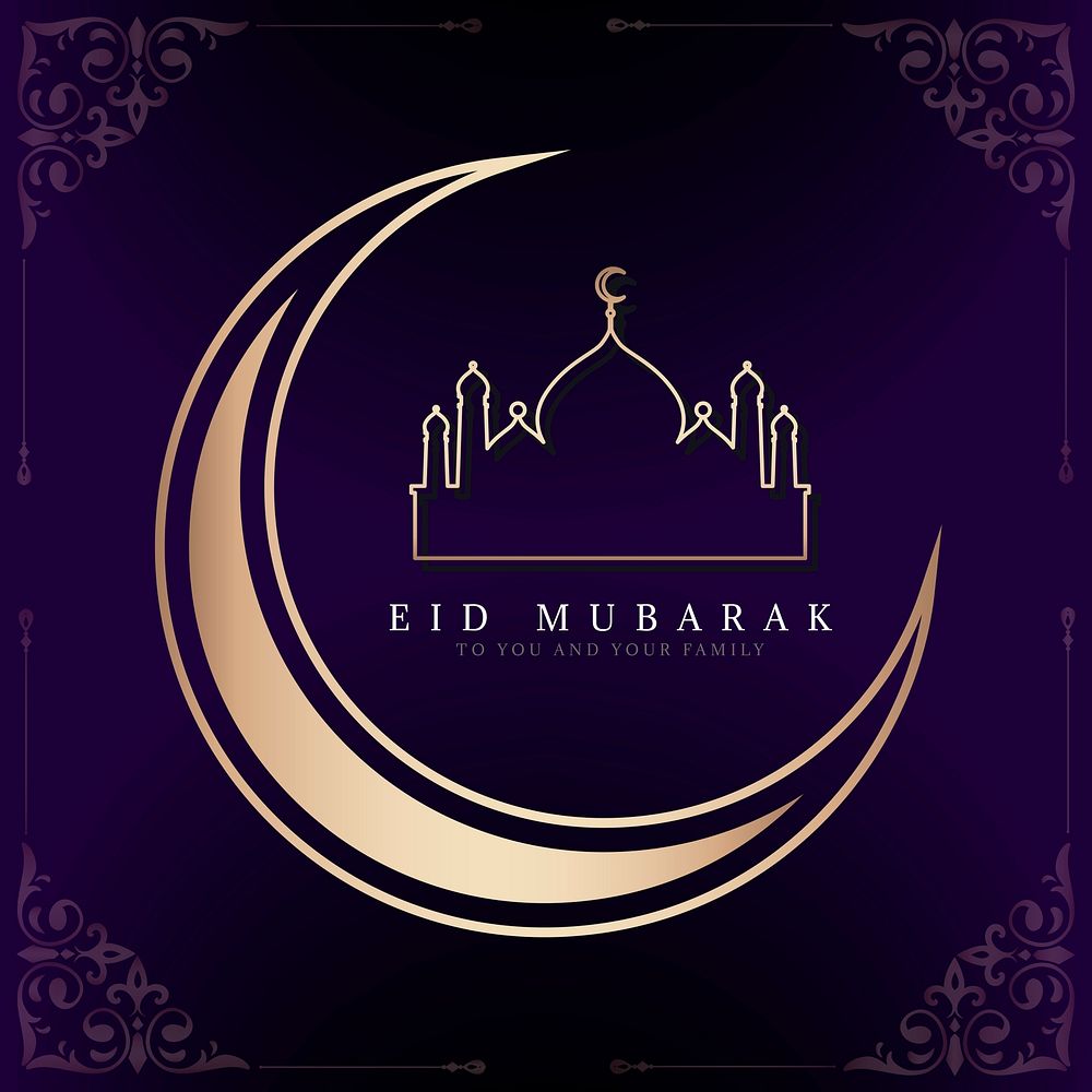 Eid Mubarak card with a crescent moon and a mosque pattern background
