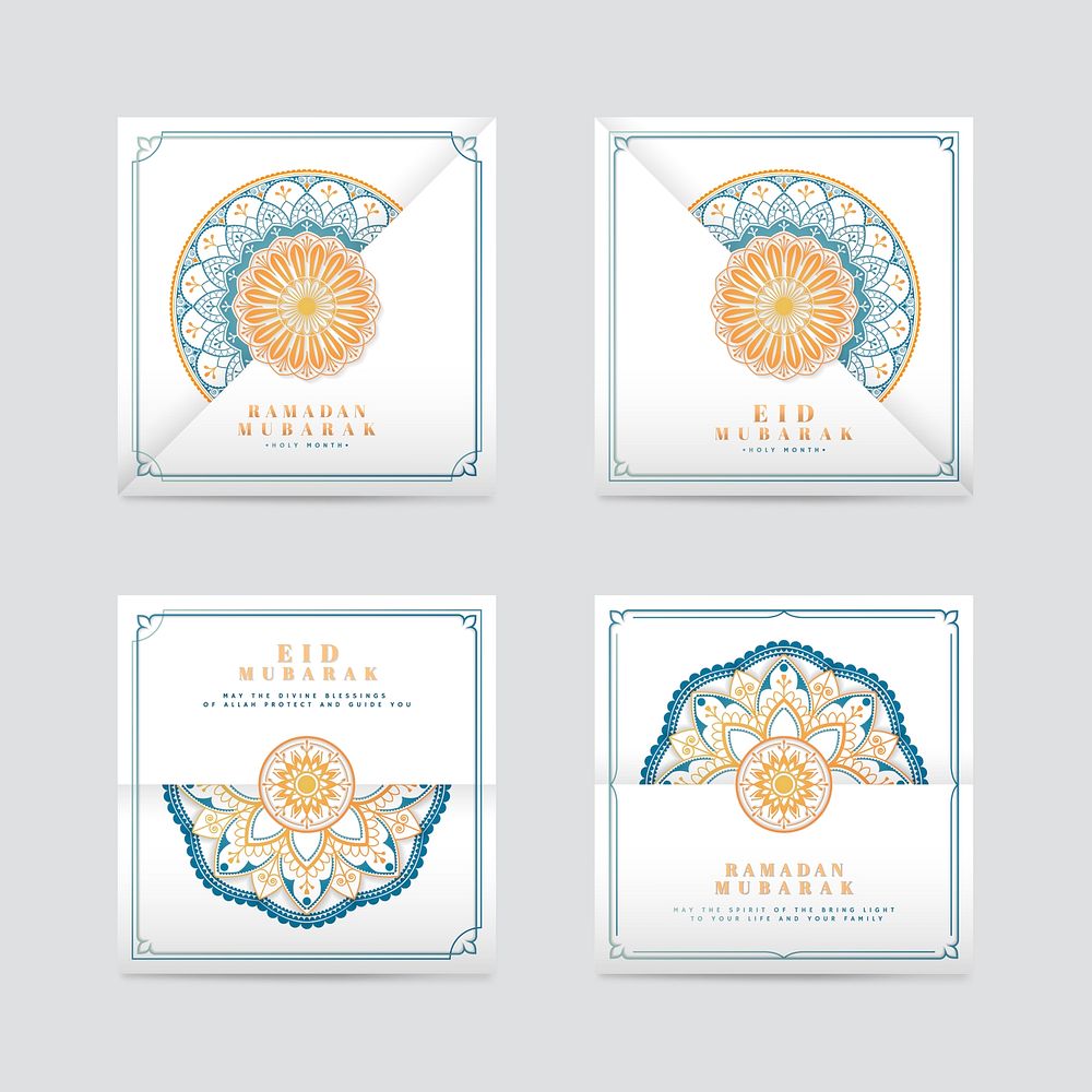White and blue Eid Mubarak postcards vector set