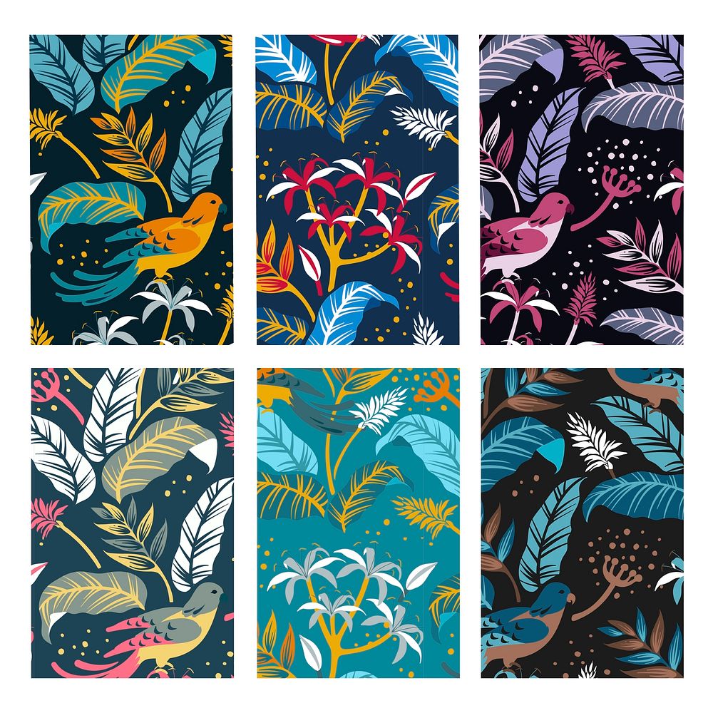 Colorful birds in nature seamless patterned backgrounds set vector