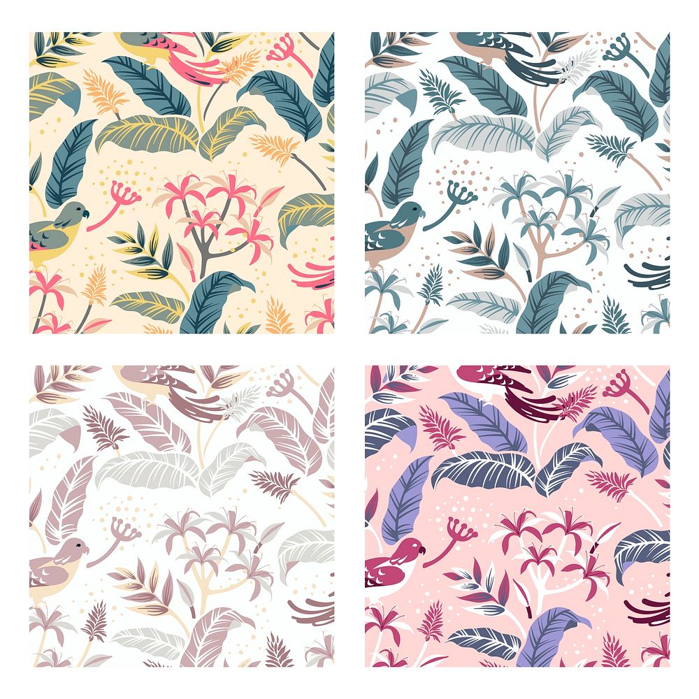 Pastel birds in nature seamless patterned backgrounds set vector
