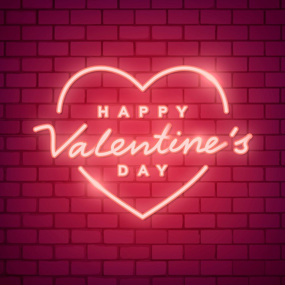 Neon light Happy Valentine's Day on brick wall