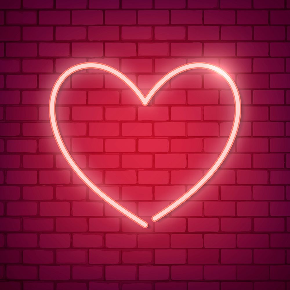 Neon light heart icon on red background