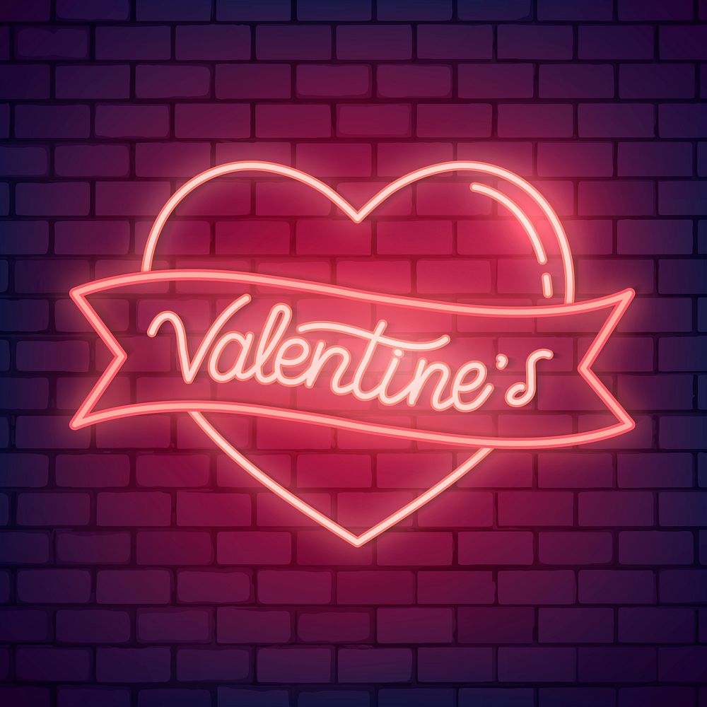 Neon Valentine's day design on brick wall