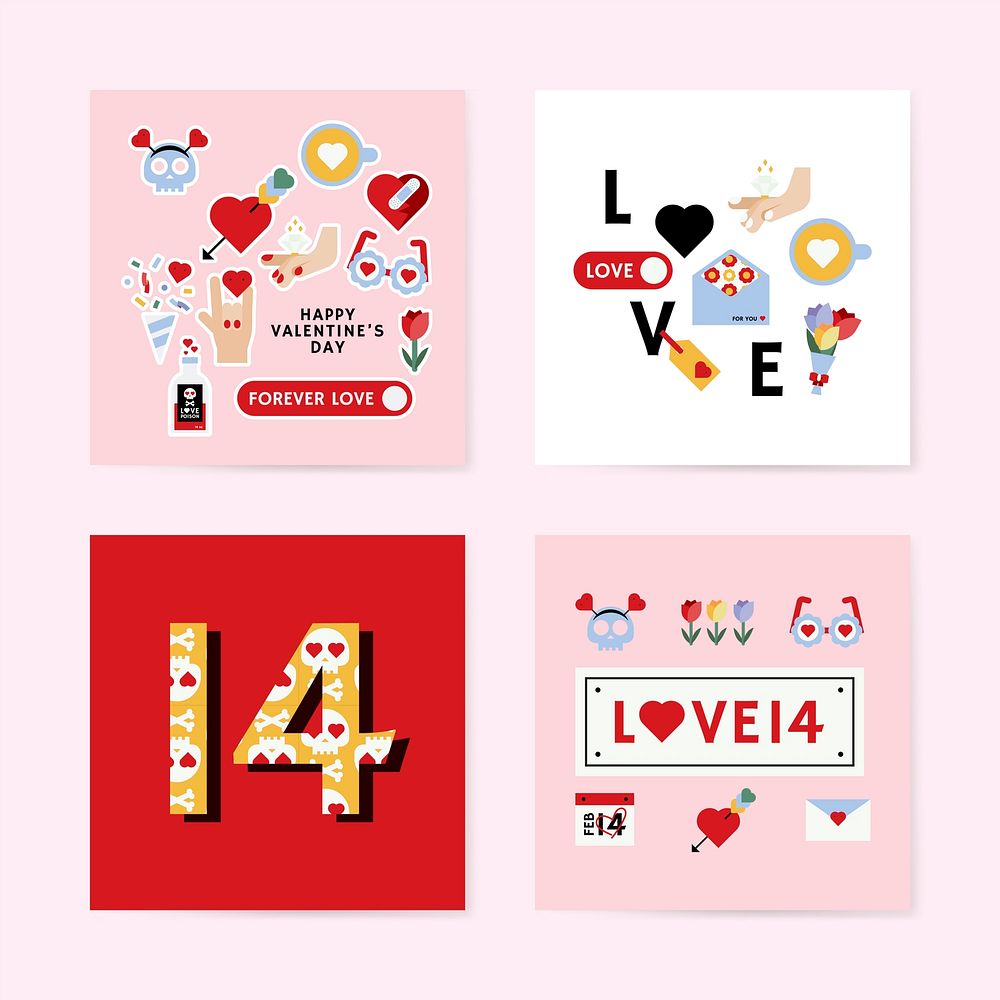 14th of February Valentine's day card set vector