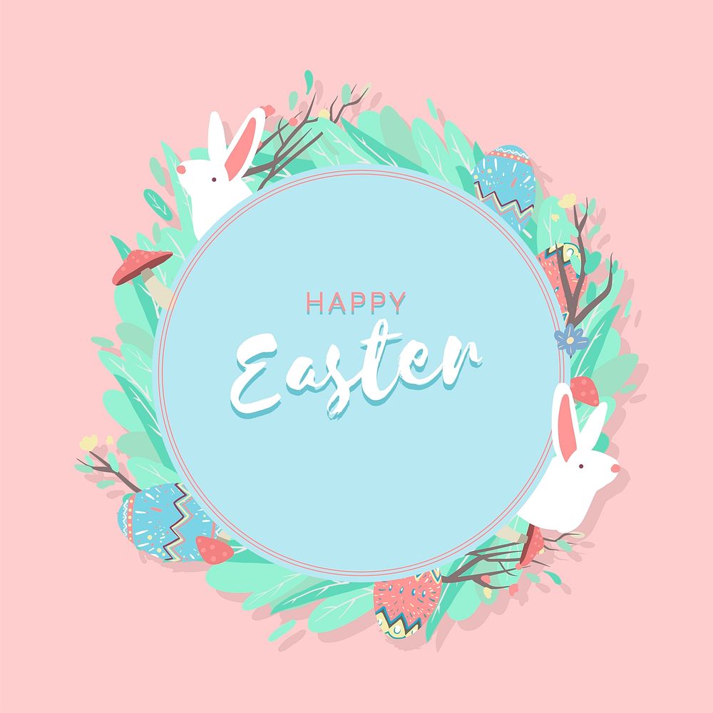 Easter eggs hunt festival round blue frame vector