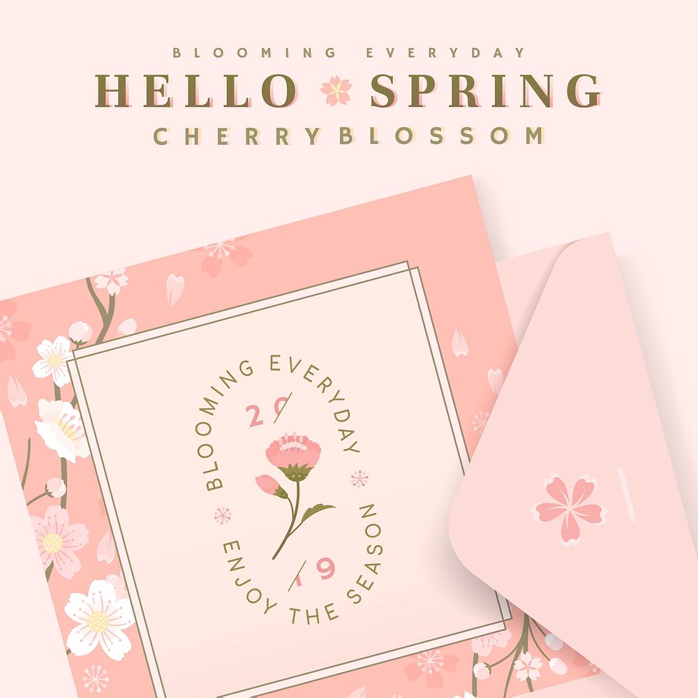 Pink cherry blossom postcard template vector