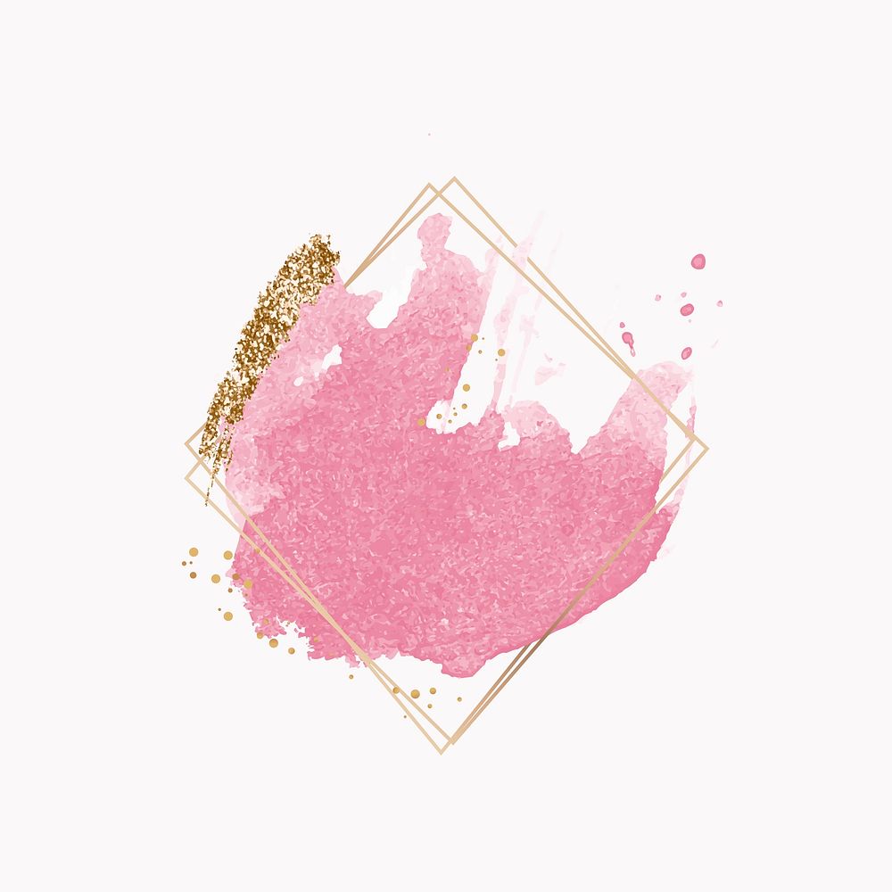 Gold rhombus frame on pink watercolor background vector