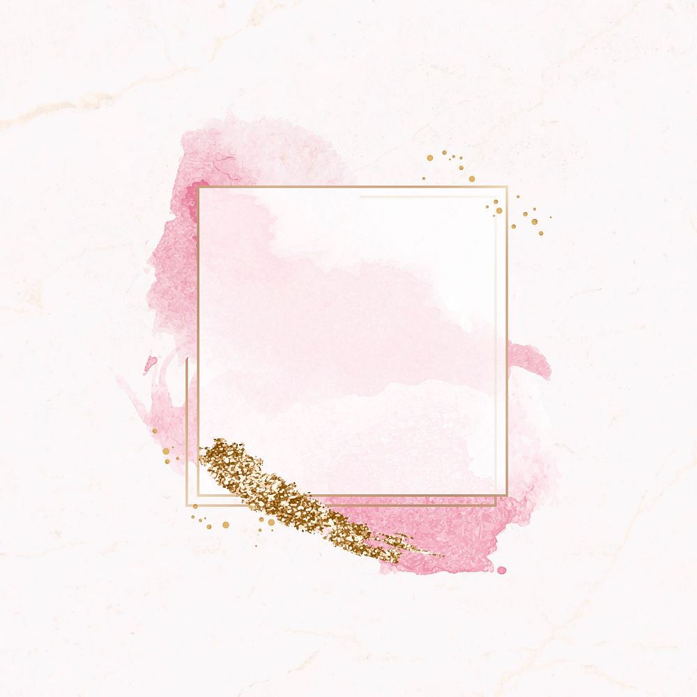 Gold square frame on pink watercolor background vector