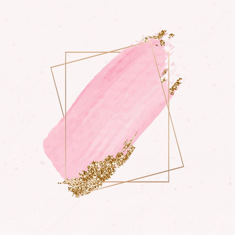 Gold rectangle frame on pink watercolor background vector