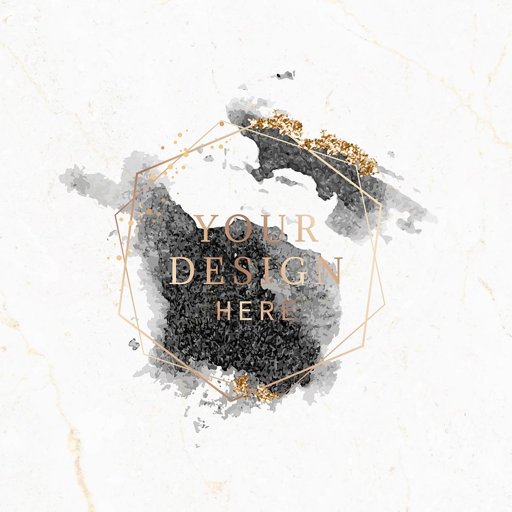 Gold hexagon frame on black watercolor background vector