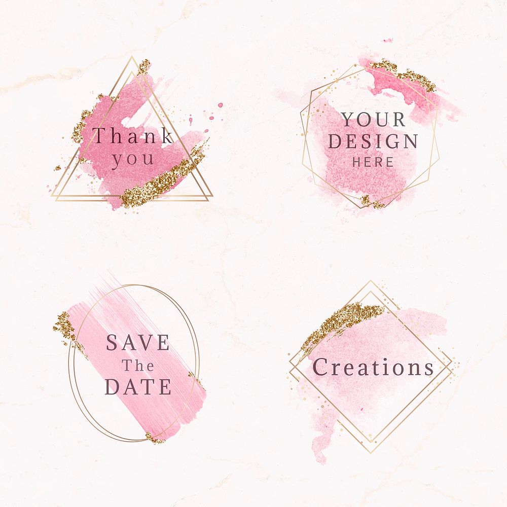 Gold frames on pink watercolor background vector collection