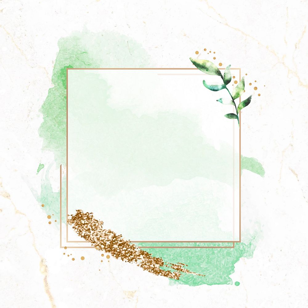 Gold square frame on a green watercolor background vector