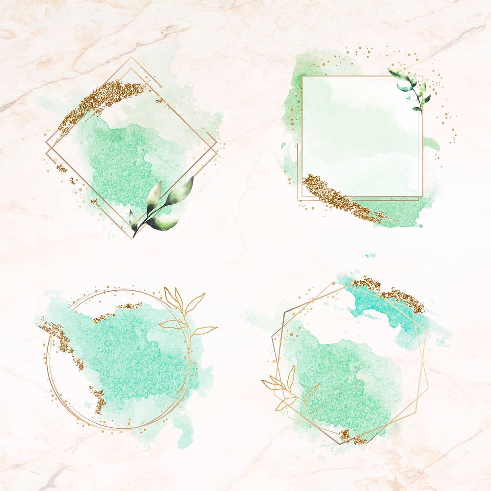 Gold frames on green watercolor background vector