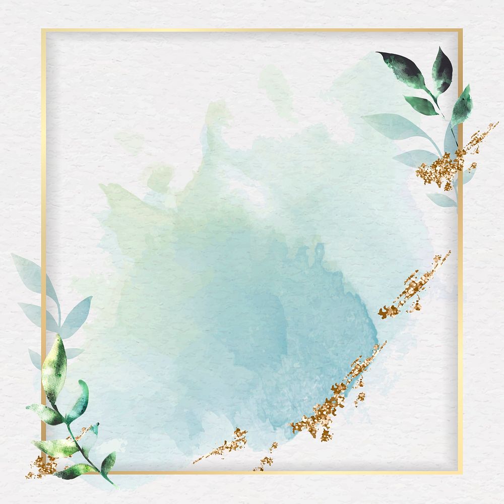 Gold square frame on a green watercolor background vector