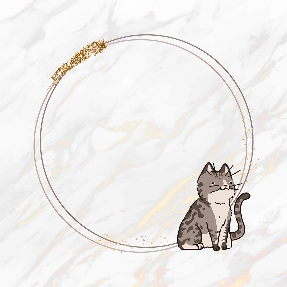 Domestic cat lover round frame on white marble vector background