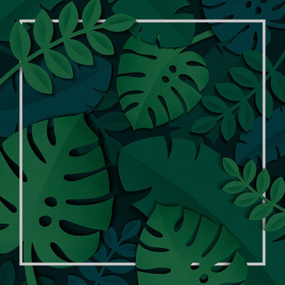 Square white frame on a dark green tropical leaves patterned background vector