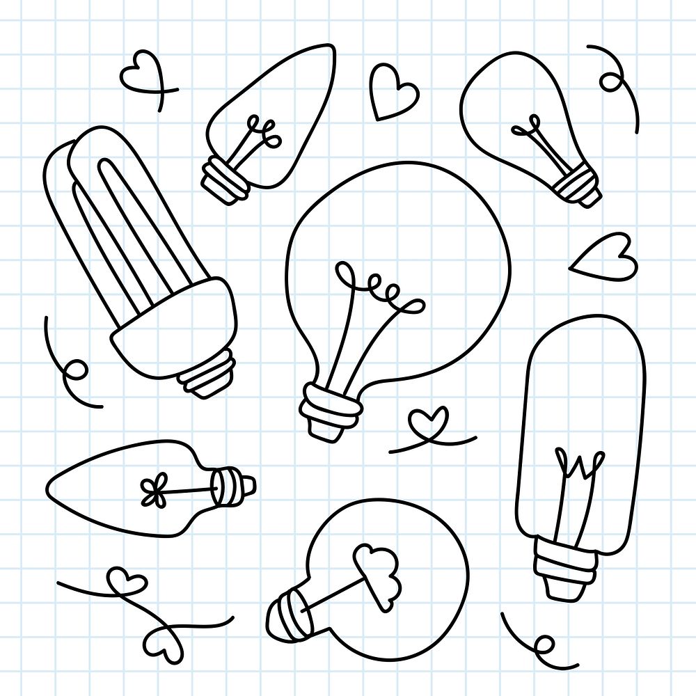 Doodle light bulb set psd in minimal style