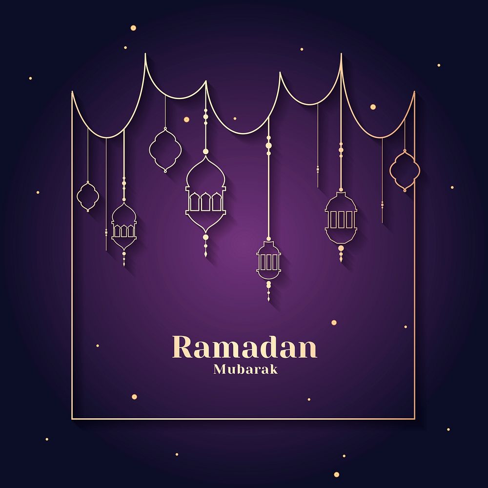 Purple Ramadan Mubarak frame psd with beautiful lanterns