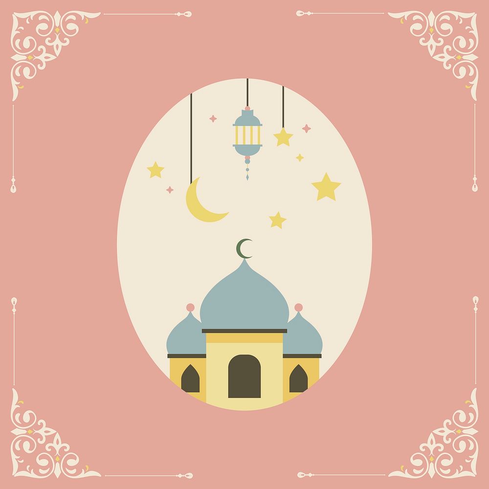 Pastel Ramadan Mubarak background vector with Islamic floral corners