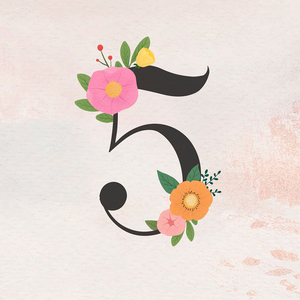 Watercolor floral number 5 vector