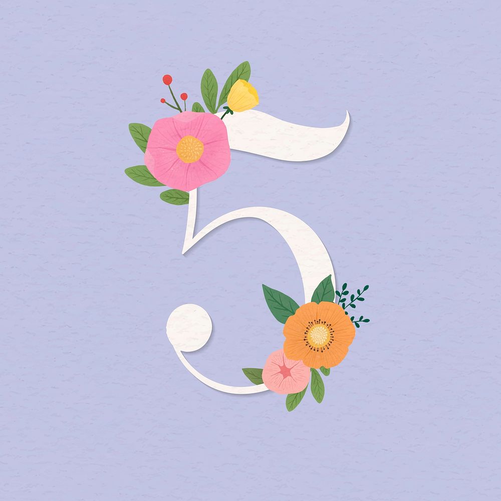 Watercolor floral number 5 vector