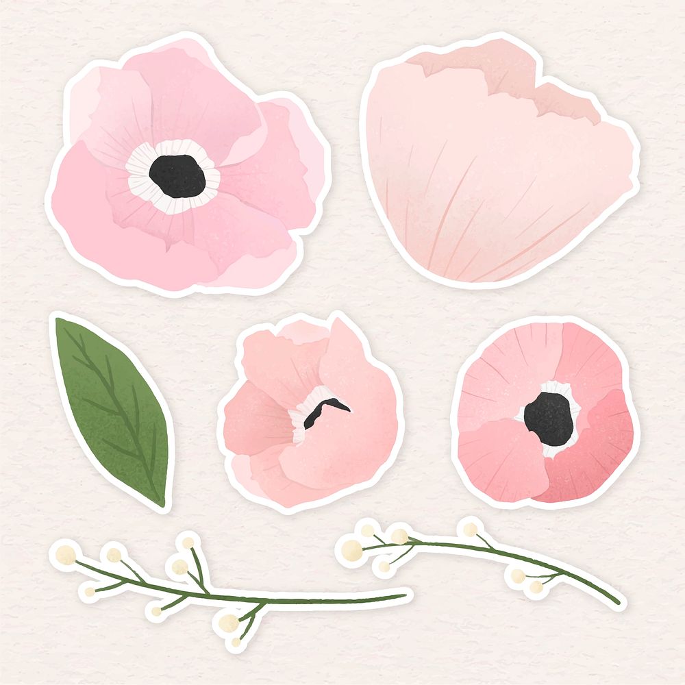 Pale pink floral sticker set illustration