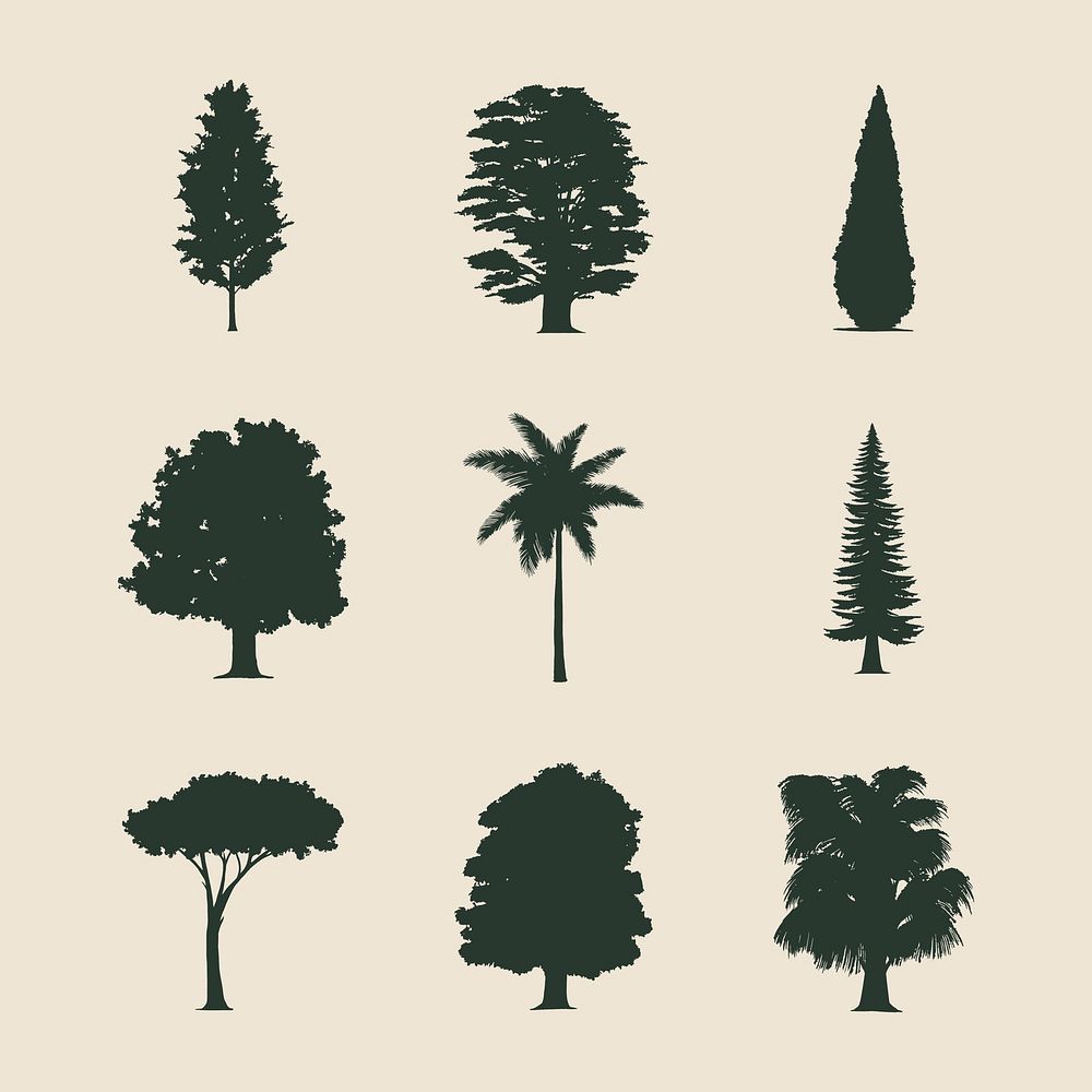 Hand drawn tree silhouette vector set