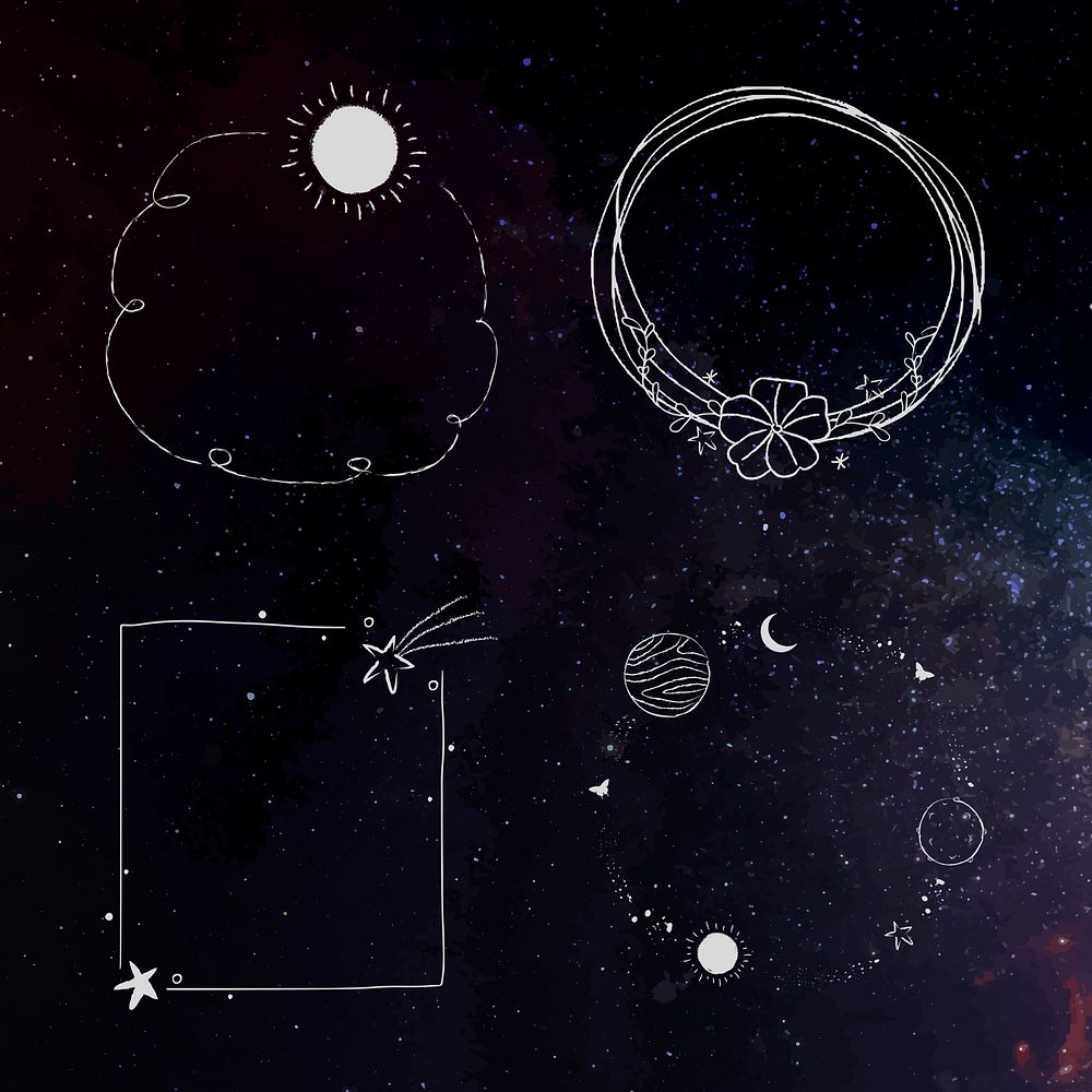 Minimal line art galaxy frame illustrations set