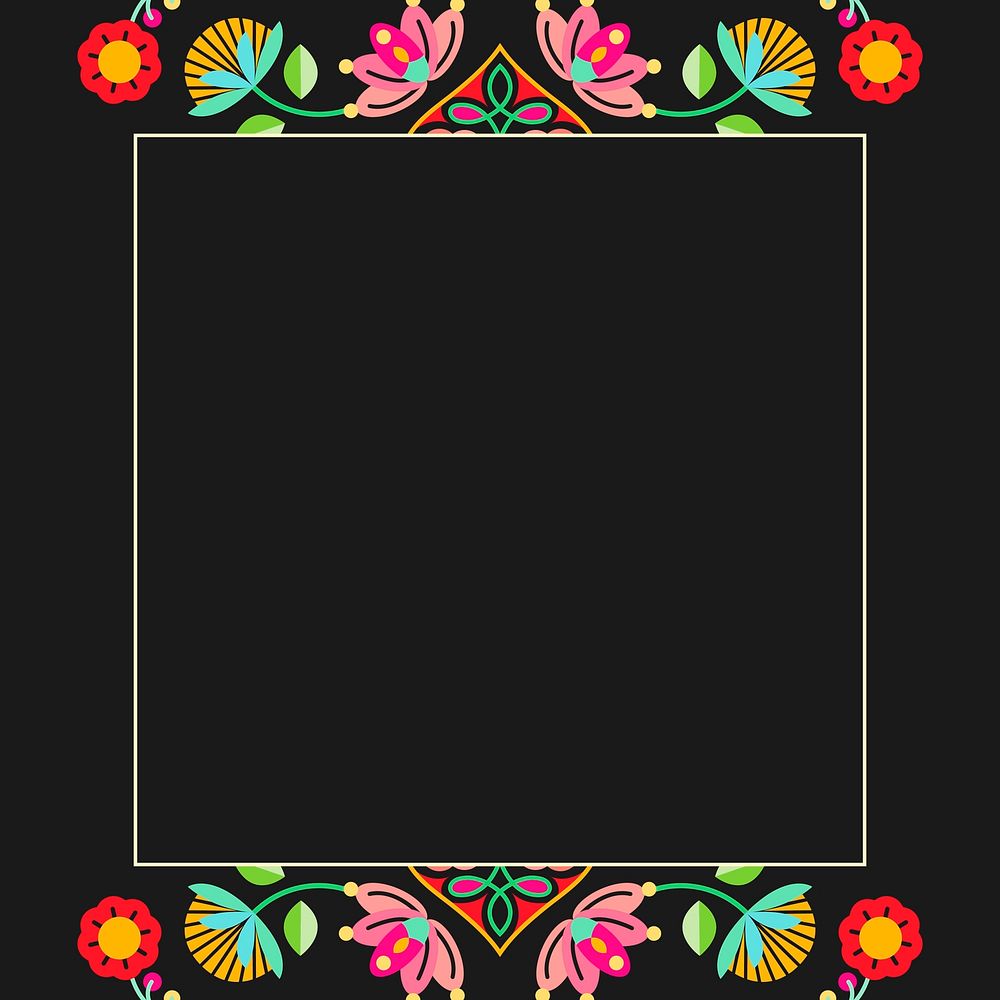 Flower and insect folk design element frame on black background vector