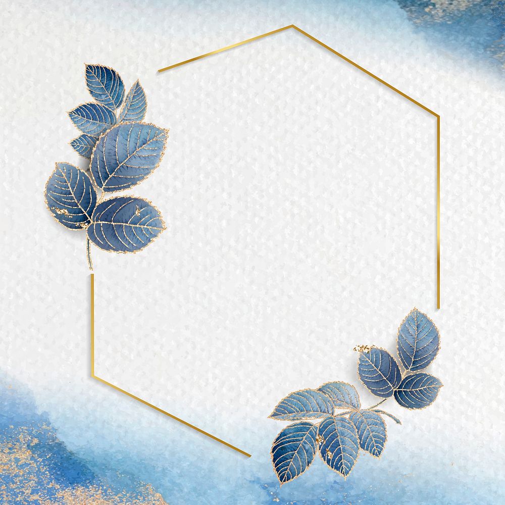 Leafy blue hexagon frame vector
