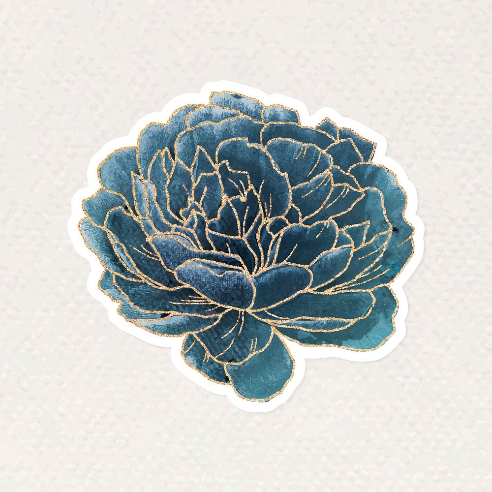 Blue peony flower sticker with gold element vector