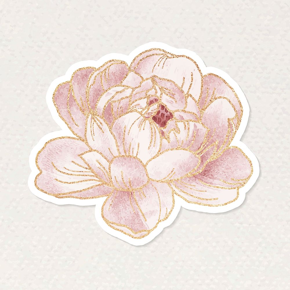 Pink peony flower sticker with gold element vector