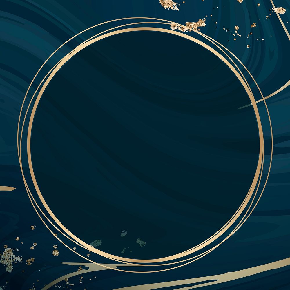 Round gold frame on blue fluid patterned background vector