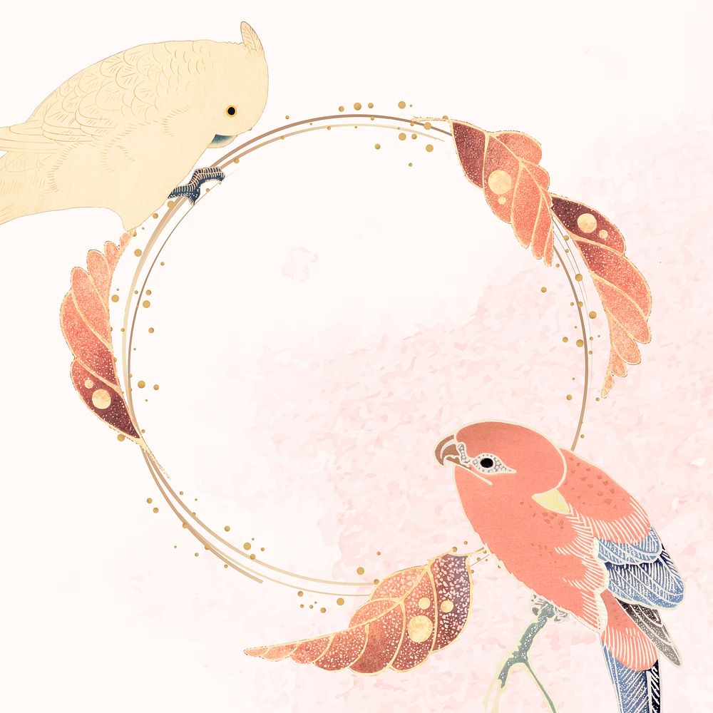 Gold frame with a parrot, a macaw, and leaf motifs on a white and pink background vector