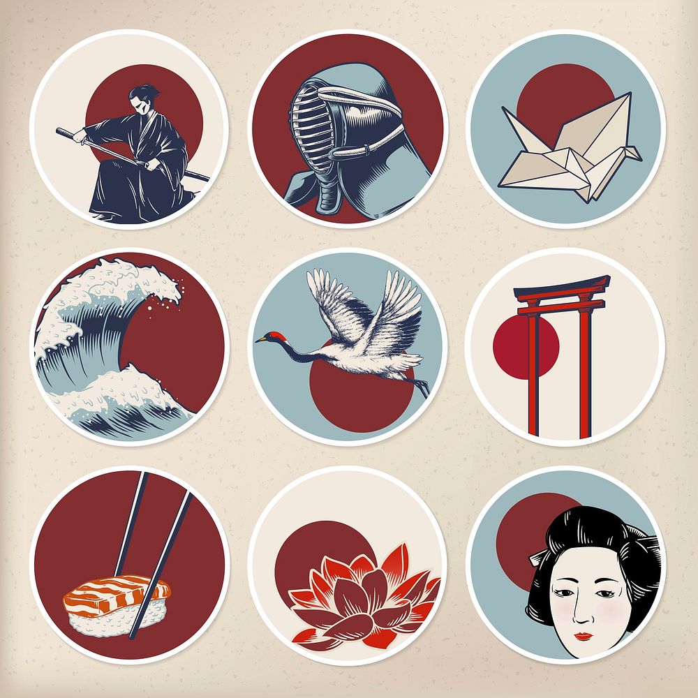 Traditional Japanese stickers on beige background vector