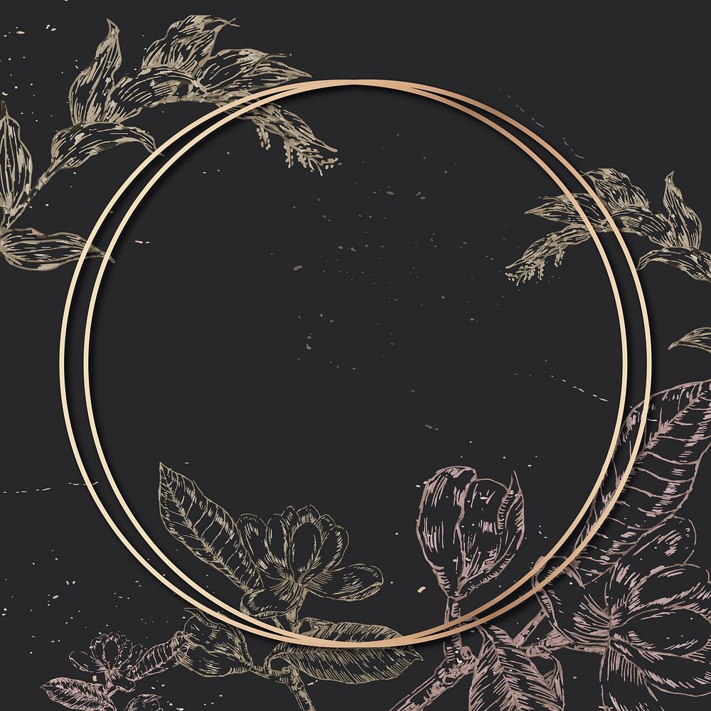 Blank round golden frame with an outline flowers decoration on black background