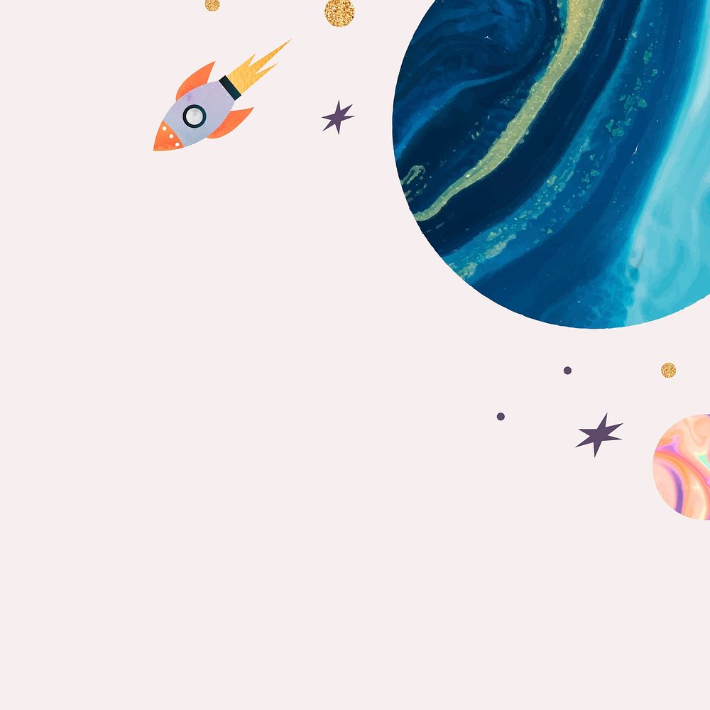 Colorful galaxy watercolor doodle with a rocket on pastel background vector