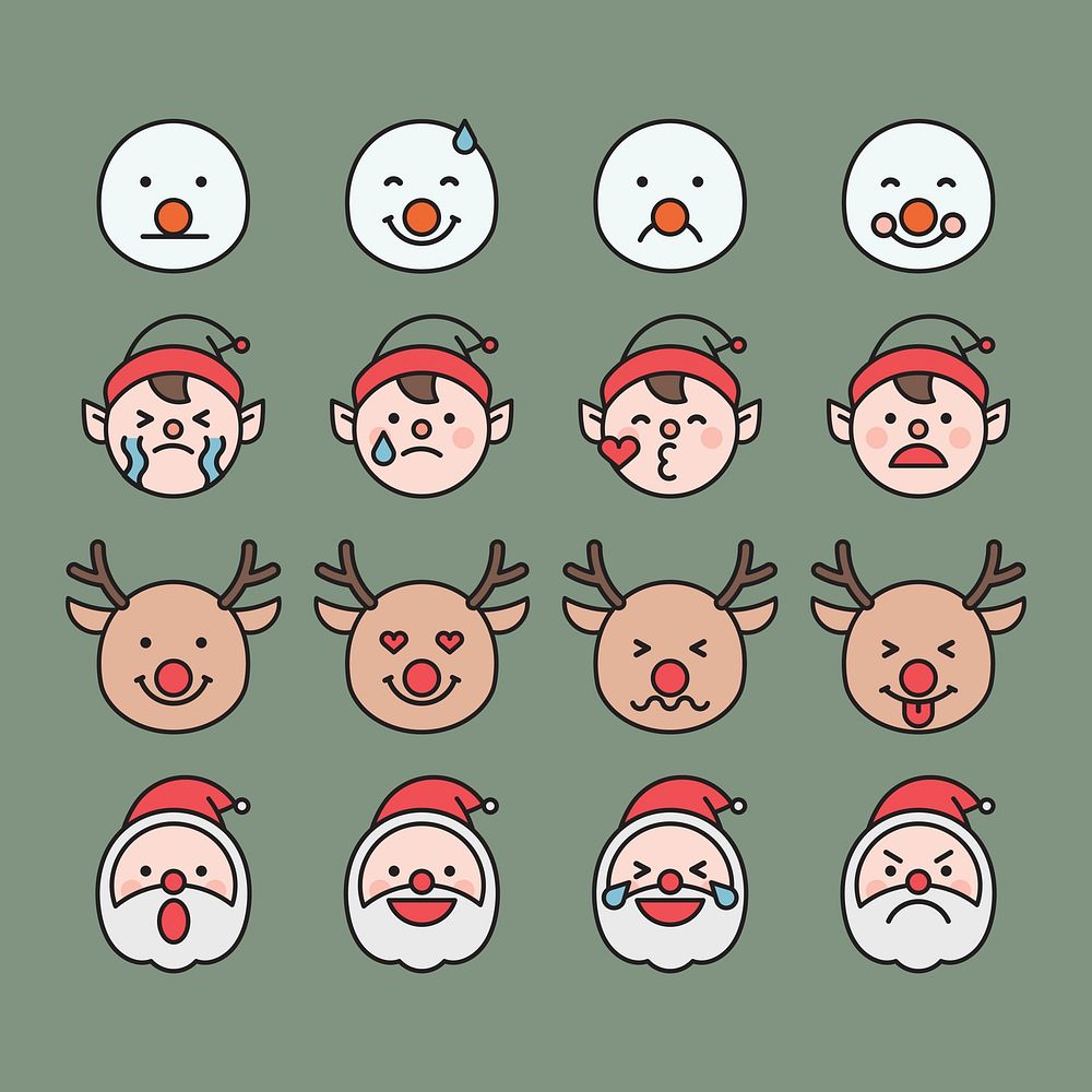 Santa, Rudolph reindeer, elf and snowman emoticon set isolated on green background vector