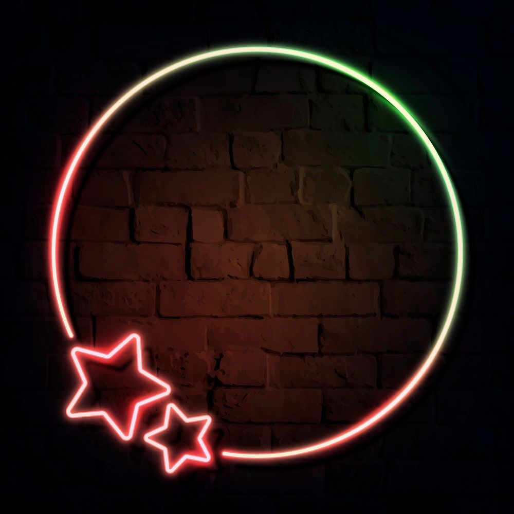 Round neon frame design with stars on a dark brick wall vector