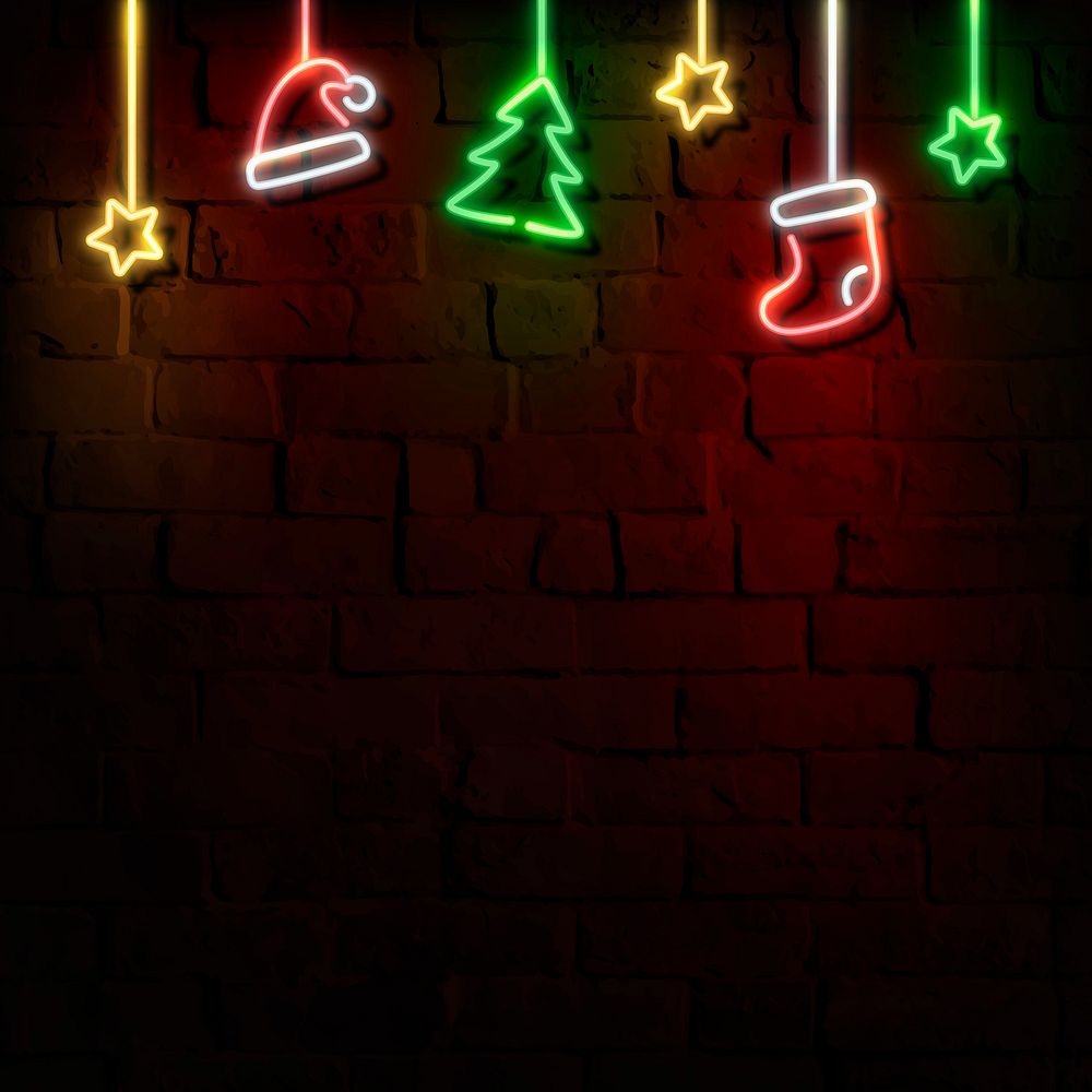 Stars, Santa hat, stocking and Christmas tree neon sign on a dark brick wall vector