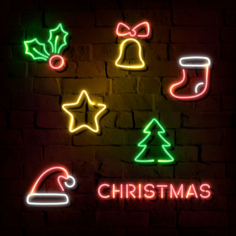 Stars, Santa hat, stocking, pine tree Christmas bell and holly berries neon sign on a dark brick wall vector